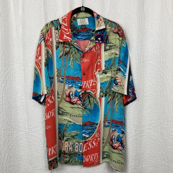 Guess Jeans USA VTG Bora Bora Waikiki Resorts Men's Hawaiian Shirt sz Medium - Picture 1 of 16